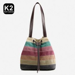 Kvky Stripes colorées toile sac pour femmes beauté Small Backet Back Sac sort Ctrast Color Sacs Femme Patchwork Handsbag 10df #