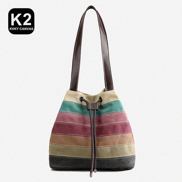 Kvky Stripes colorées toile sac pour femmes beauté Small Backet Back Sac Sort Color sortant Sacs Female Patchwork Handsbag 73UQ #