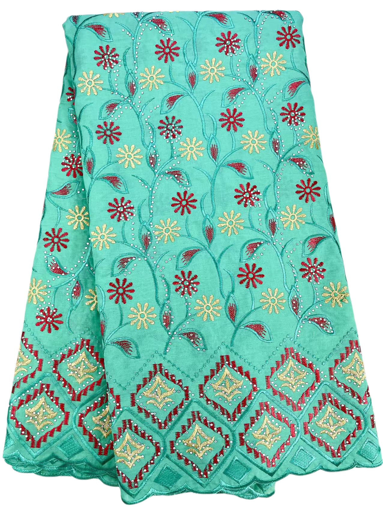 KY-3013 Afrikalı bayanlar ziyafet parti rhinestones pamuklu kumaş dantel kumaş en son 5 metre tasarımı İsviçre elbise ışıltı su yeşil nijeryalı yaz 2023