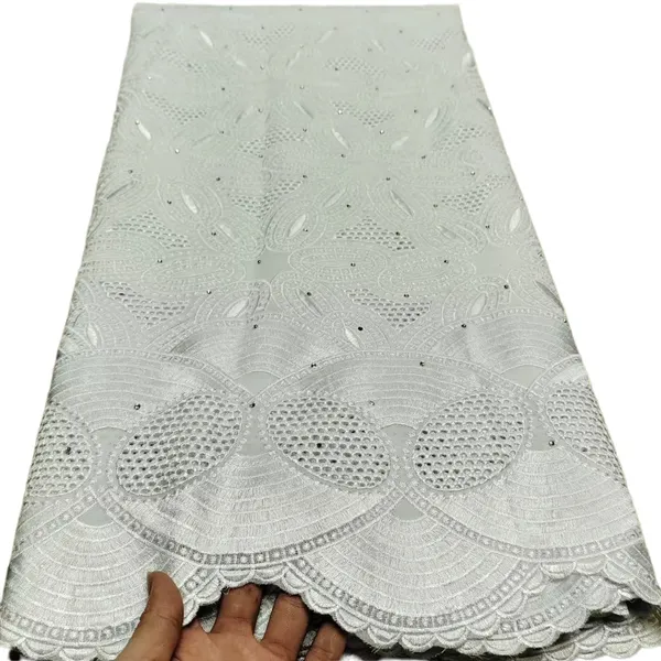 KY-5002 français haute qualité femmes coton tissu strass perforé Voile tissu dernière dentelle blanche sèche 5 mètres dames fête de mariage trajet nigérian été 2023