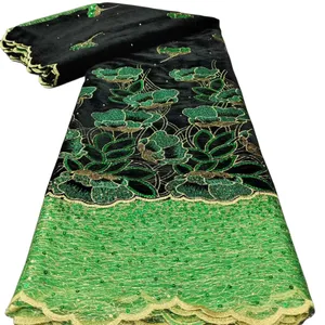 KY-7032 Tissu en dentelle de flanelle brodée avec paillettes, artisanat de couture nigérian, Double filet, velours, 4,5 m, robes formelles pour femmes, Tulle, soirée, été