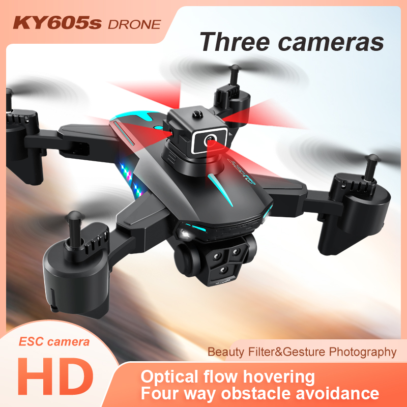 Drone com controle remoto KY605S, drone com 10 minutos de longa duração, quatro lados para evitar obstáculos, três câmeras HD, drones 4K