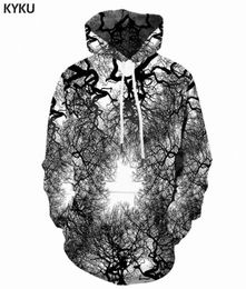 Kyku 3D Hoodies Tree Holdie Men Terror 3D impresa en blanco y negro Impresión Psychedelic Capucha Capasía H09093283940