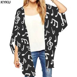 KYKU Muziek Losse Kimono Vrouwen Note Open Stitch Blouse Zwarte Dames Sjaal Harajuku Kleding Gothic Shirts Kleding 240102