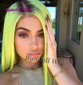 Kylie Jenner Kapsel Pruik Weelderig Ombre Mintygroen Ombre Synthetische Kanten Voorkant Pruik Lijmloos Tweekleurig Donker Wortelgroen Hittebestendig L3358279