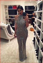 Kylie Jenner Vestido de Fiesta Abito da Ser Das Abendkleid Die Silver Celebrity -jurk Kim Kardashian Sheath Mermaid Hoge nek Zilveren kristallen kralen