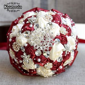 Kyunovia Bordeaux Broche Boeket Ivoor Bruid Boeketten De Mariage Kunstmatige Kristallen Bruiloft Bloemen Buque De Noiva 4 Kleuren FE86242s