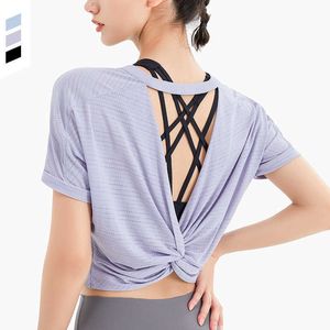 L-027 Summer Sexy Hollow Out Back Dames Tops Casual Fashion Fitness Yoga Suit Losse ademend snel drogende sport T-shirt Training Top Korte mouw