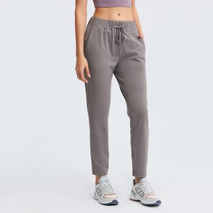 L-081 Mid-Rise Jogger Broek met rechte pijpen Relaxed Fit Dames Yogabroek Joggingbroek met trekkoord Zweetafvoerende fitnessbroek