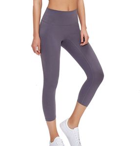 L-116 pantalones Capri deportivos de cintura alta para mujer, mallas recortadas sin costura frontal, sensación desnuda, gimnasio, Yoga, pantalones de chándal ajustados para correr