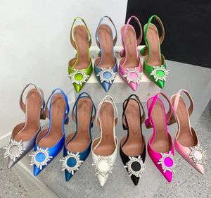 Amina muaddi Sandalen Hakken Satijnen puntige slingbacks Strikjes pumps Kristal-zonnebloem Dames Zijden Jurk Schoenen Designer Party Hakken Schoenen bruiloft sexy slippers