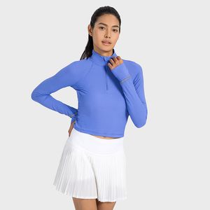 L-w028 Chemises côtelées à manches longues Sweat-shirts demi-zippés Manteau court léger et chaud Longueur de la taille Hauts de yoga ajustés avec trou pour le pouce et bandes réfléchissantes aux poignets