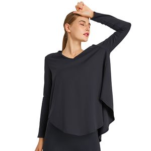 L217 Tops de yoga Camisas de manga larga Corte holgado Dobladillo trasero más largo Escote en V liviano Trajes de fitness de secado rápido Camisetas de alta elasticidad para deportes y uso diario