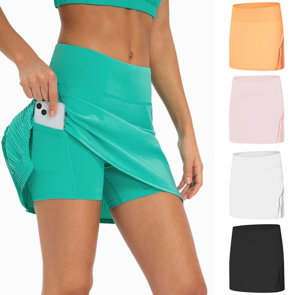 L-331 Faldas de tenis Falda de yoga Ropa de gimnasia Mujeres Correr Fitness Pantalones de golf Pantalones cortos Deportes Bolsillo trasero en la cintura Refrigeración Falda de tenis plisada fluida de secado rápido LU-MELUCK