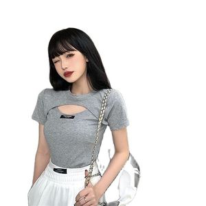 L-4XL Mode Dames Gebreide T-shirt Fake Tweedelige Holle Slimming Dunne Plus Size Top 210520