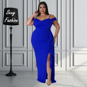 L-4XL plus size jurken voor vrouwen kleding halter ruches split bodycon sexy elegante feestavondjurk vrouwelijke outfits 240417