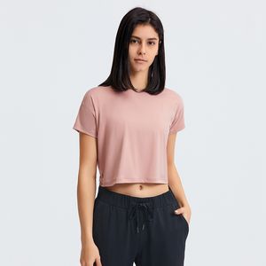 L-53 Sexy ombligo expuesto Yoga Tops sueltos y transpirables correr camisetas mujeres manga corta Color sólido deportes al aire libre ropa de Fitness