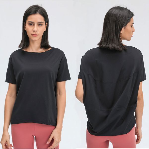 L-56 camisetas de Color sólido para mujer, trajes de Yoga, cuello redondo, camisetas deportivas para mujer, camiseta de Fitness para chica, Top de ajuste relajado suave, ropa informal