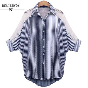 L-5XL 6XL Plus Size Dameskleding Herfst Blouses Kant Shirt Turn Down Collar Striped Female Batwing Sleeve Tops Blusas 210520