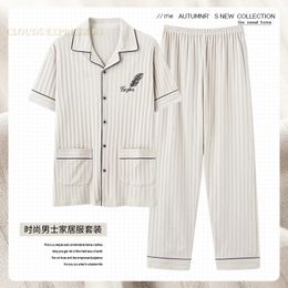 L-5XL Summer elegante pijamas Knited Cotton Mens Pajamas Juntos Pantalones largos Pajamas Noche Pijamas Plus Size Homewear PJ 240516