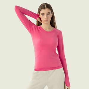 L-9083 Elastische Crewneck Sweatshirts Dames Shirts met lange mouwen Yoga Tops Mesh Ademende T-shirts Sneldrogend Fitnesskleding Slank Zwart Hardloopshirt