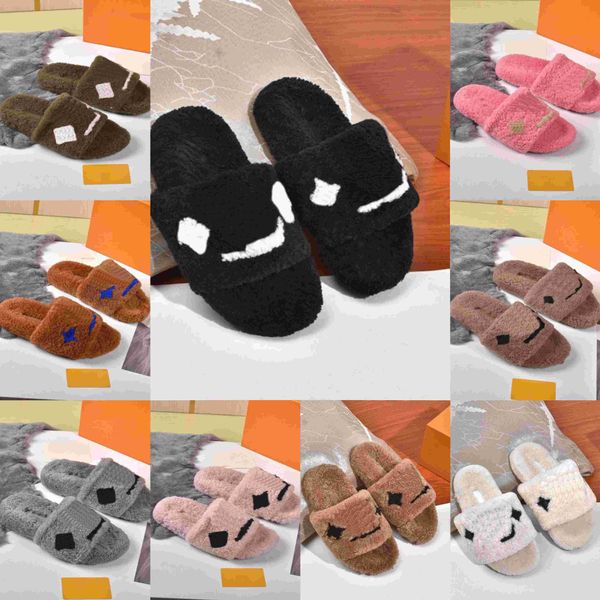 L Diseñador Furry Fluffy Slippers Womens Sandalias de lujo de lujo Toboganes Tobogán Tobogados V Invierno V COMIDAD