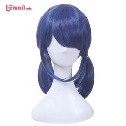 L-e-mail peruca de cabelo sintético marinette cosplay azul escuro duplo rabo cavalo em linha reta halloween resistent ao calor220505