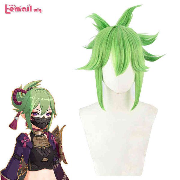 L-email peluca de pelo sintético Kuki Shiobu Cosplay peluca Genshin Impact Green Straight Pigtail resistente al calor Wigs220505