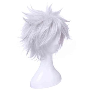 L-email pruik synthetisch haar nieuwe gintama gintoki sakata cosplay pruiken 35 cm korte split witte mannen hittebestendig 220622