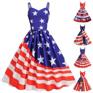 L Independence Day dames zomer sexy riem Amerikaanse vlagafdruk retro grote swing jurk