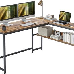 L-vormig bureau, 55 1 inch hoekcomputerbureau met opbergplanken, studieschrijftafelwerkstation met open planken voor thuiskantoor, Rusti