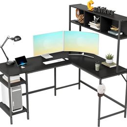 Bureau en forme de L avec huche, bureau d'ordinateur d'angle 60 34, table de jeu pour bureau à domicile avec étagères de rangement, peu encombrant, noir
