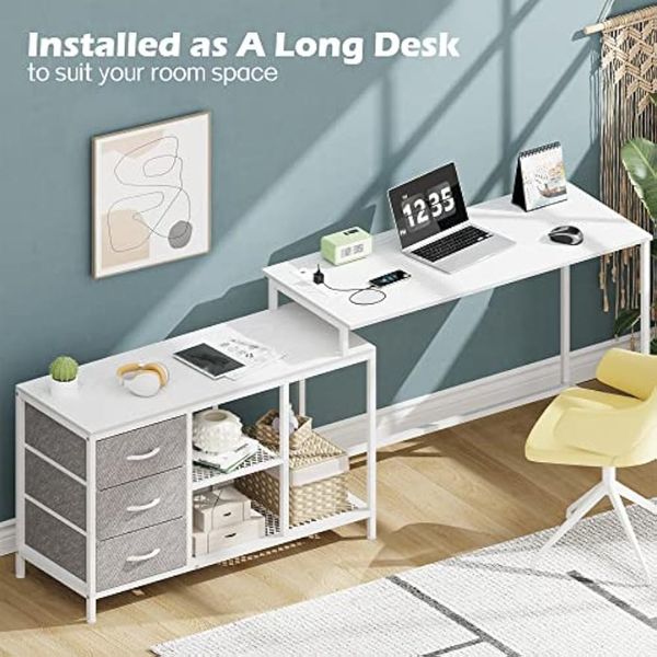 Escritorio en forma de L con tomas de corriente, escritorio de computadora con estantes de cajones, escritorio de esquina escritorio de juego de juego en casa, blanco