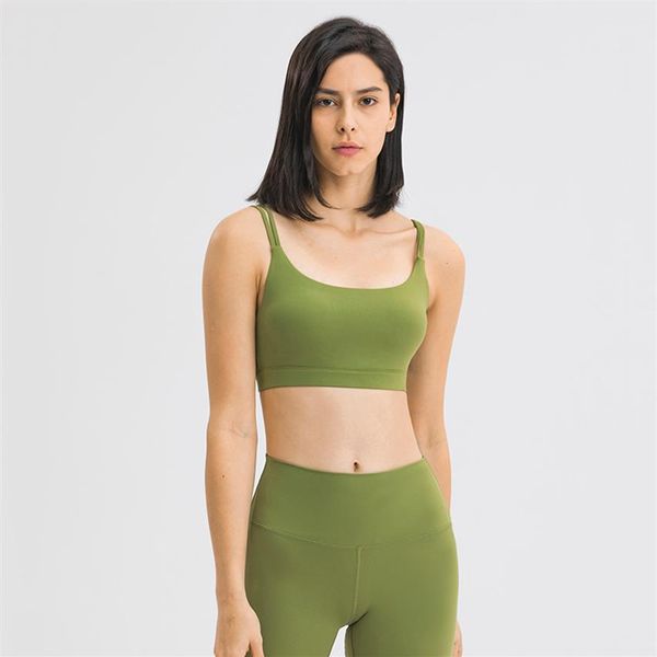 L106 Sujetador deportivo con cuello en U y doble correa fina de color sólido, conjunto de Fitness, chaleco de Yoga suave y mantecoso, copas extraíbles, ropa interior Sexy Fem214U