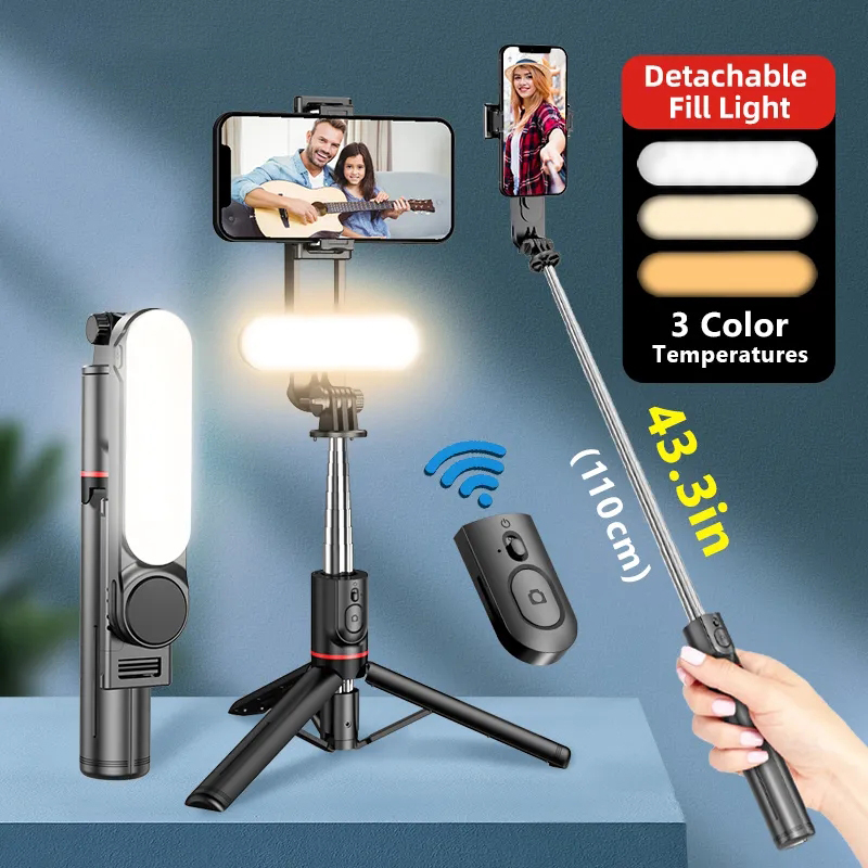 L15 Selfie Stick Mini treppiede pieghevole Photo Live con luce di riempimento Otturatore remoto Bluetooth wireless per smartphone Android IOS