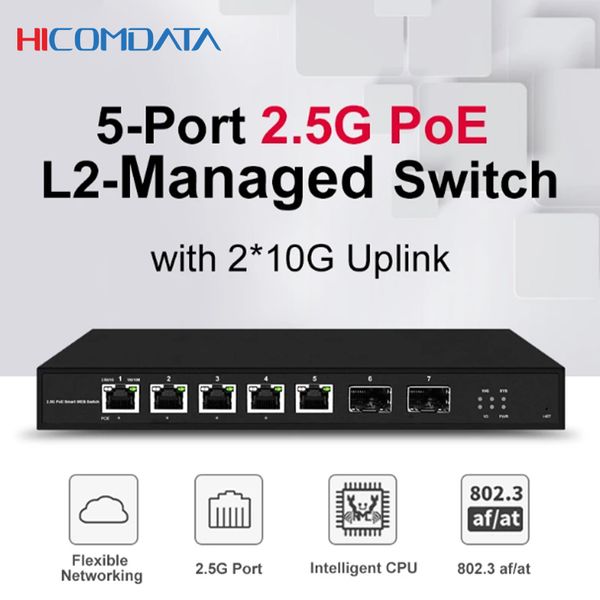 HICOMDATA L2-Conmutador Ethernet PoE gestionado de 2 puertos 10G uplink SFP 5 puertos 2,5G Rj45 Conmutador de red Gibabit 2,5G 5/8 puertos PoE IEEE802.3af/at