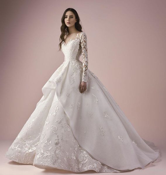 2020 New ace robe de bal robes de mariée Sheer Bateau cou robes de mariée modestes avec manches longueur de plancher plus la taille robe de mariée moderne