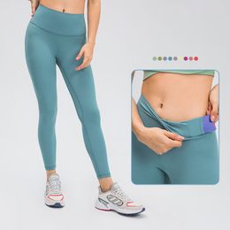 037-2 Solid Color Yoga-broek heeft T-line hoogbouw panty's met tailleband pocket leggings naked feeling dames broek