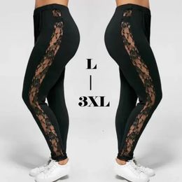 L3XL Pantalones de talla grande para mujer Moda Casual Negro Adelgazante Cintura alta Patchwork de encaje Ver a través de Leggings Pantalones 2023 240309