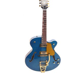 L5-stijl elektrische gitaar holle body blauwe kleur gouden hardware gevlamd esdoornblad