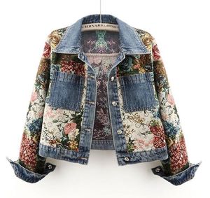 L6068 designer damesjas met lange mouwen, revershals, bloemen, vintage jeansjassen, denim damesjas