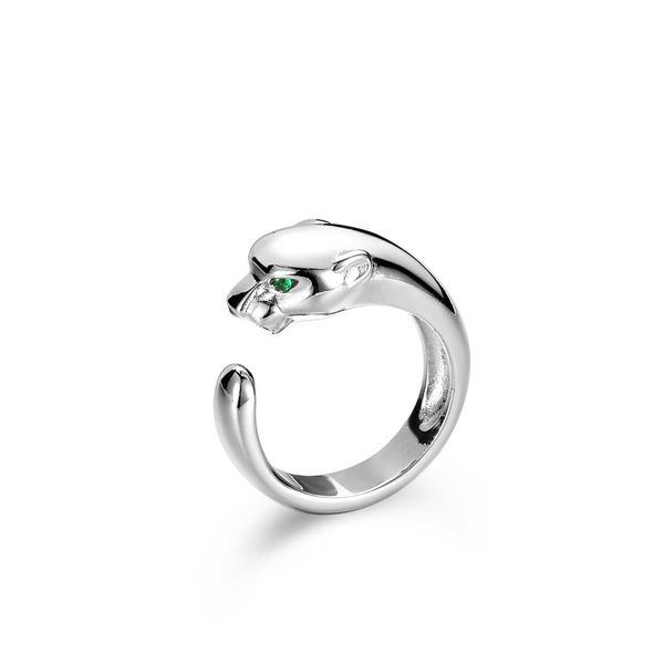 L665 venta al por mayor tarjeta de alta calidad anillo de plata esterlina 925 diseño de cabeza de leopardo Esmeralda abierto dedo índice único