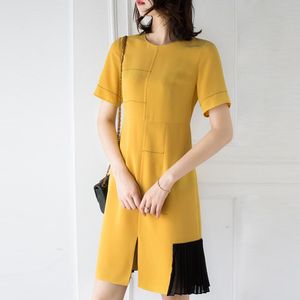 L80554# Nieuwe Summer Women Fashion Korte Mouw Color Block Front Slit Lady Chiffon Splice Casual Dress met zakken geel M L