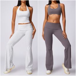 L8713 Women Yoga-outfit Twee stukken dichtbij passende hoge taille Sets Vestbroek Sport Running Long Pants Mouwloze Tops Elastische Gym Sportwear Pakken Ademend