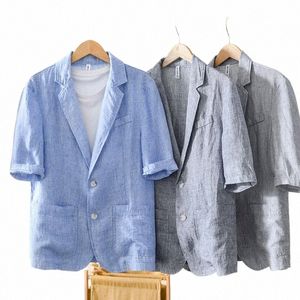 l997 100% linnen premium blazer zomer fi heren halve mouw effen kleur multi-pocket casual losse jassen ademend gezellig tops W09N#
