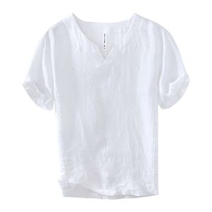L998 Style chinois rétro col en v à manches courtes T-shirt pour hommes décontracté ample été chemise de base en lin