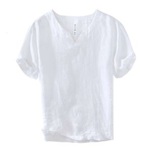 L998 Style chinois rétro col en v à manches courtes T-shirt pour hommes décontracté ample été bas en lin, une pièce pour le remplacement des cheveux