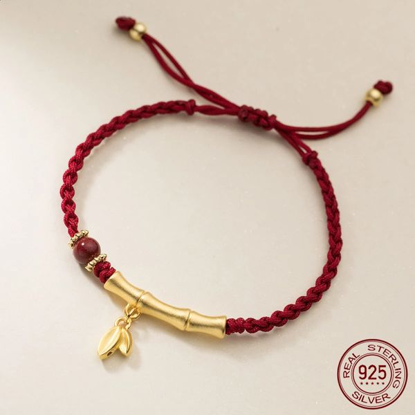 La monada 24 cm 925 argent corde Bracelet doré bambou Tube feuille rouge fil ligne chaîne bracelets pour femme fille 240315