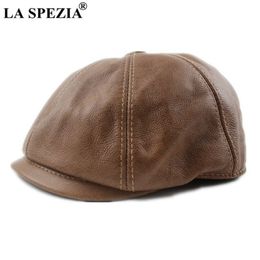 LA SPEZIA Kaki hommes Newsboy Gap véritable cuir de vache casquette octogonale mâle béret automne hiver hommes Vintage bec de canard chapeaux 20206j