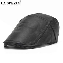 La Spezia hommes en cuir casquette plate bérets noirs mâle en cuir de vache naturel réglable pilote chapeaux décontracté automne hiver casquettes de direction J220722